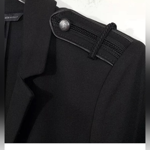 WHBM Blazer Military Blazer Black Epaulets Faux Leather Trim Ponte Crest Buttons - Picture 2 of 10
